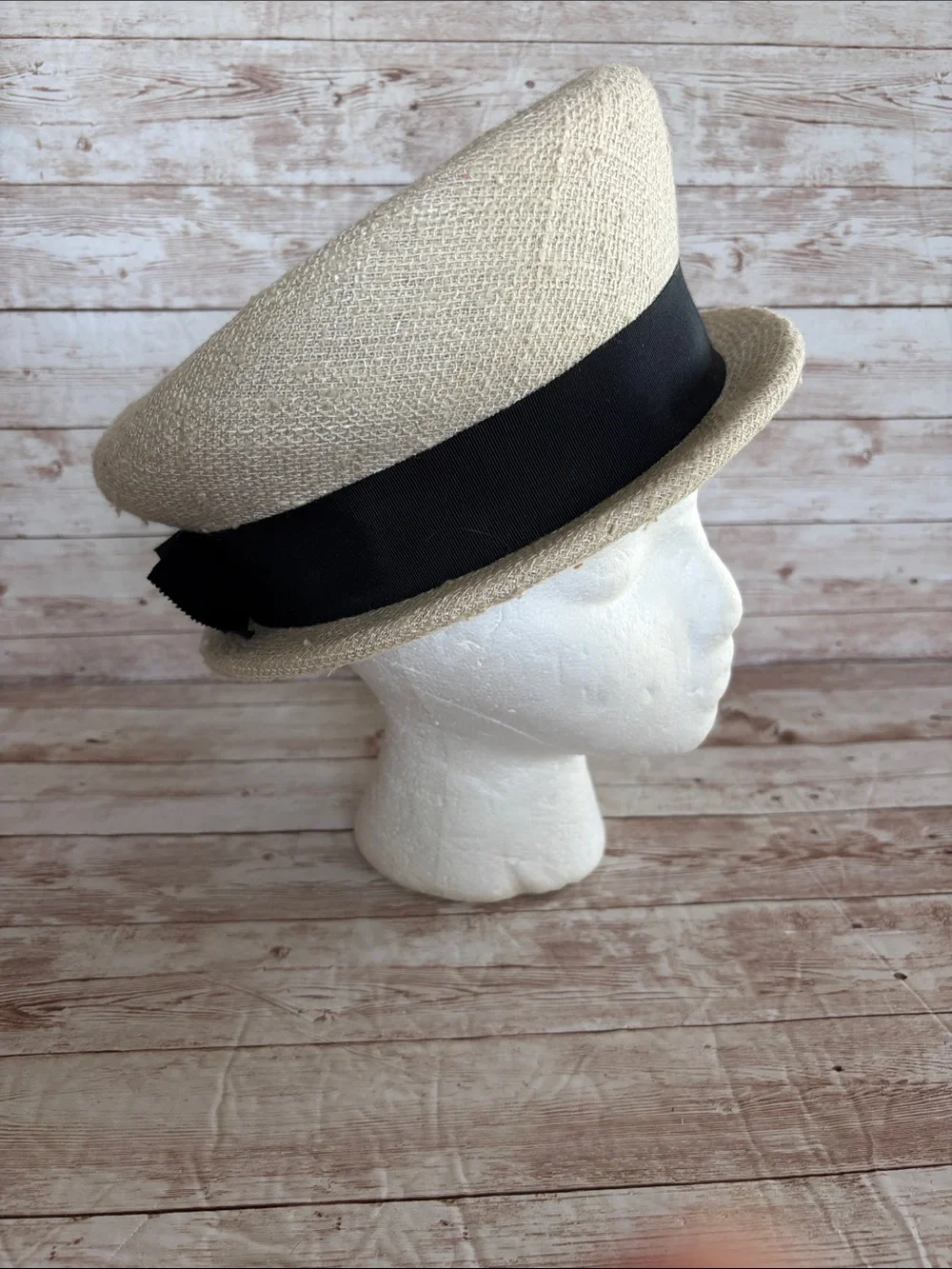 Vintage Cream Straw Pillbox Hat with Black Grosgrain Band - Picture 3 of 9